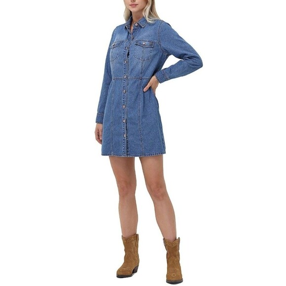 Frye Women's 100% Cotton Form Fitting Buttons Pockets Mini Denim Dress XL - Picture 9 of 12
